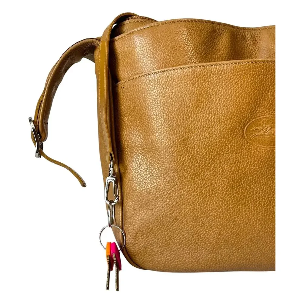 Longchamp Le Foulonne Pebbled Leather Crossbody Bag Tan Silver Vintage Y2K